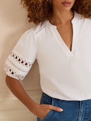 Love & Roses X2 Black and White Heart Lace Insert Notch Neck T-Shirt - Image 6 of 7