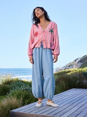 Light Blue Denim Lightweight Linen Blend Balloon Jeans - Image 5 of 8