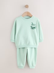 Sage Green Single Printed Crew Neck Sweat Top & Joggers Set (3mths-7yrs) - Image 1 of 5