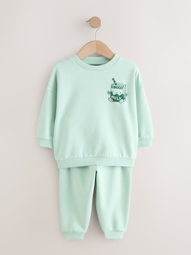 Sage Green Single Printed Crew Neck Sweat Top & Joggers Set (3mths-7yrs) - Image 1 of 5