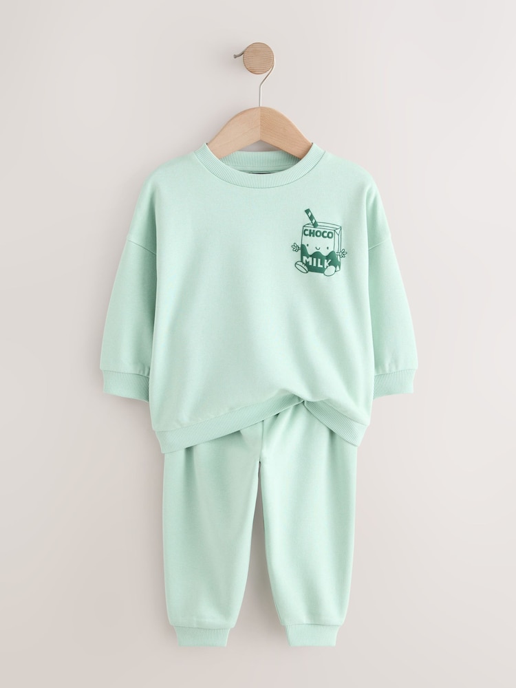 Sage Green Single Printed Crew Neck Sweat Top & Joggers Set (3mths-7yrs) - Image 2 of 5
