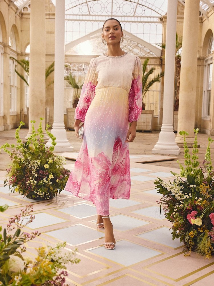 Love & Roses Floral Metallic Petite Embellished Neck Long Sleeve Midi Dress - Image 6 of 6