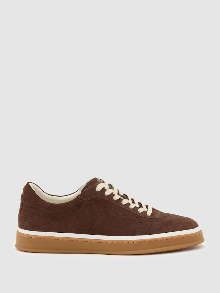 Reiss Chocolate Brown Anders Suede Suede Perforated-Detail Trainers - Image 1 of 5