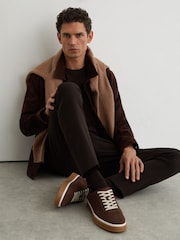 Reiss Chocolate Brown Anders Suede Suede Perforated-Detail Trainers - Image 2 of 5