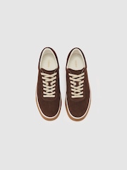 Reiss Chocolate Brown Anders Suede Suede Perforated-Detail Trainers - Image 3 of 5