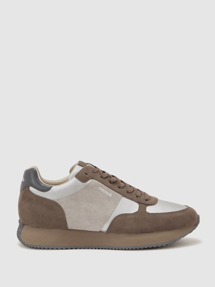 Reiss Soft Grey / Brown Ian Suede Lace-Up Running Trainers - Image 2 of 5 Reiss Soft Grey / Brown Ian Suede Lace-Up Running Trainers - Image 2 of 5
