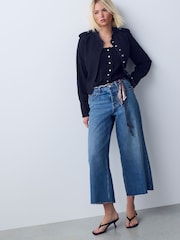 Mid Blue Braided Scarf Wide Leg Raw Hem Cropped Jeans - Image 1 of 6