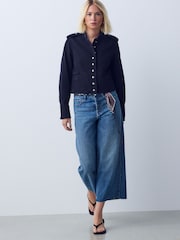 Mid Blue Braided Scarf Wide Leg Raw Hem Cropped Jeans - Image 2 of 6