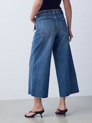 Mid Blue Braided Scarf Wide Leg Raw Hem Cropped Jeans - Image 3 of 6