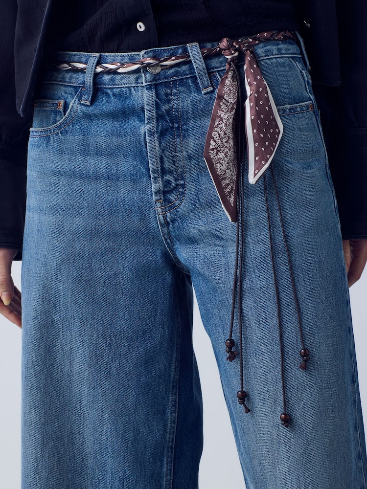 Mid Blue Braided Scarf Wide Leg Raw Hem Cropped Jeans - Image 6 of 6