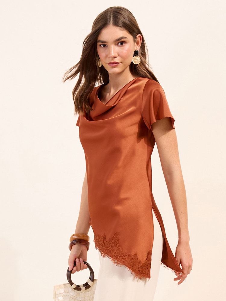Friends Like These Burnt Red Short Sleeve Satin Cowl Neck Top With Lace Hem - Image 1 of 5 Friends Like These Burnt Red Short Sleeve Satin Cowl Neck Top With Lace Hem - Image 1 of 5