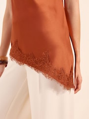 Friends Like These Burnt Red Short Sleeve Satin Cowl Neck Top With Lace Hem - Image 2 of 5
