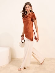 Friends Like These Burnt Red Short Sleeve Satin Cowl Neck Top With Lace Hem - Image 3 of 5