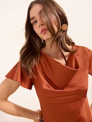 Friends Like These Burnt Red Short Sleeve Satin Cowl Neck Top With Lace Hem - Image 4 of 5