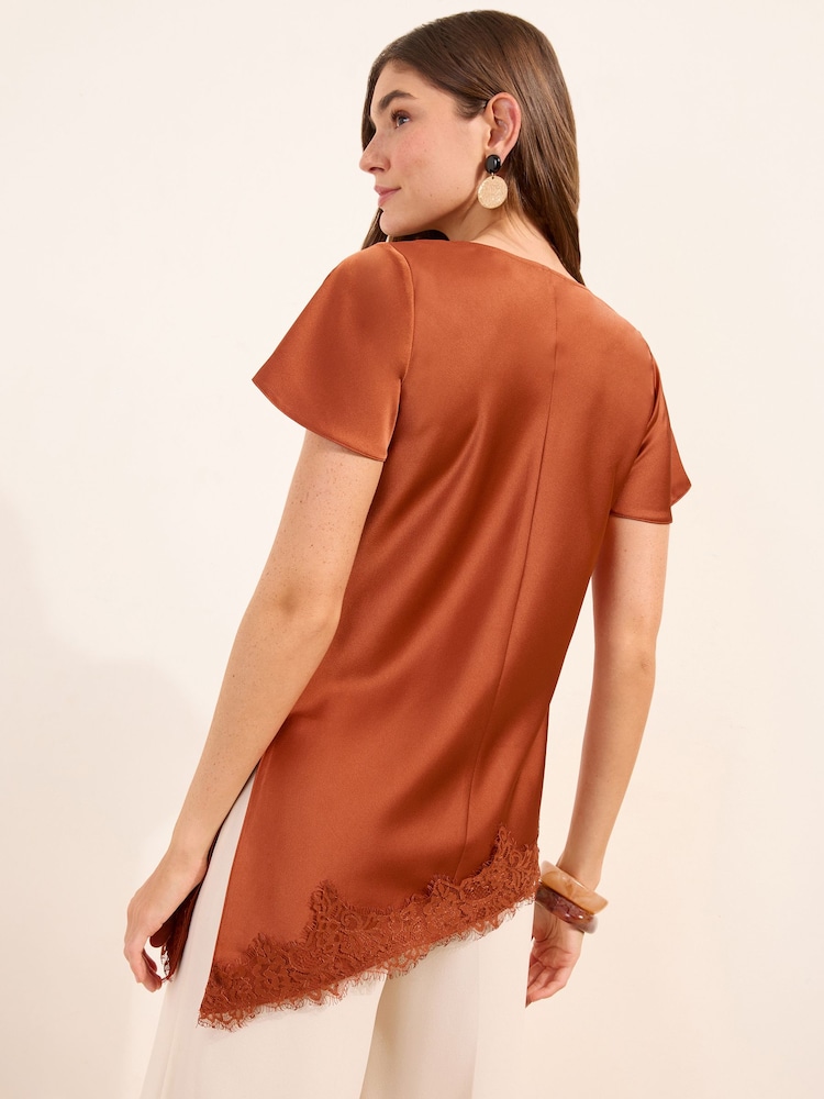 Friends Like These Burnt Red Short Sleeve Satin Cowl Neck Top With Lace Hem - Image 5 of 5 Friends Like These Burnt Red Short Sleeve Satin Cowl Neck Top With Lace Hem - Image 5 of 5