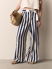 Navy Blue/Stone Stripe Linen Blend Wide Leg Trousers with Belt - Image 3 of 8