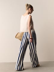 Navy Blue/Stone Stripe Linen Blend Wide Leg Trousers with Belt - Image 4 of 8