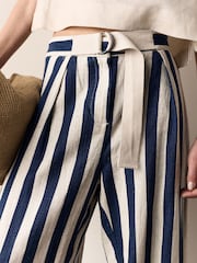 Navy Blue/Stone Stripe Linen Blend Wide Leg Trousers with Belt - Image 5 of 8