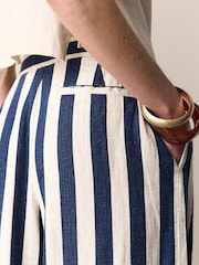 Navy Blue/Stone Stripe Linen Blend Wide Leg Trousers with Belt - Image 6 of 8