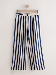 Navy Blue/Stone Stripe Linen Blend Wide Leg Trousers with Belt - Image 7 of 8