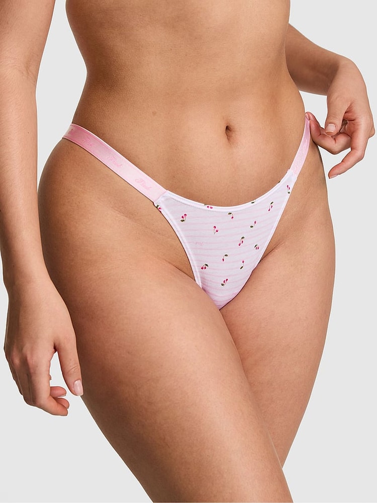 Victoria's Secret PINK Pink Tulip Cherry Print Mini Scoop Thong Cotton Logo Knickers - Image 1 of 2