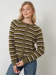 Threadbare Green Striped Fluffy Knitted Cardigan - Image 1 of 6