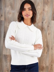 Threadbare Cream Peter Pan Collar Cable Knit Jumper - Image 5 of 5