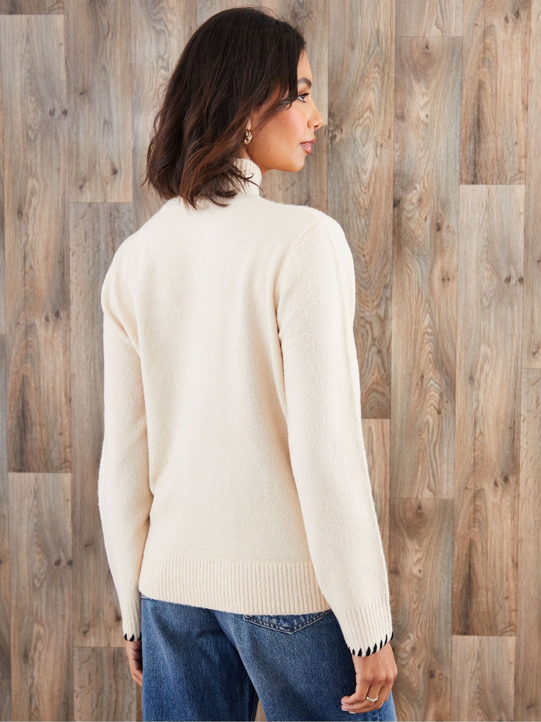 Buy Threadbare Cream High Neck Contrast Stitch Knitted Jumper from