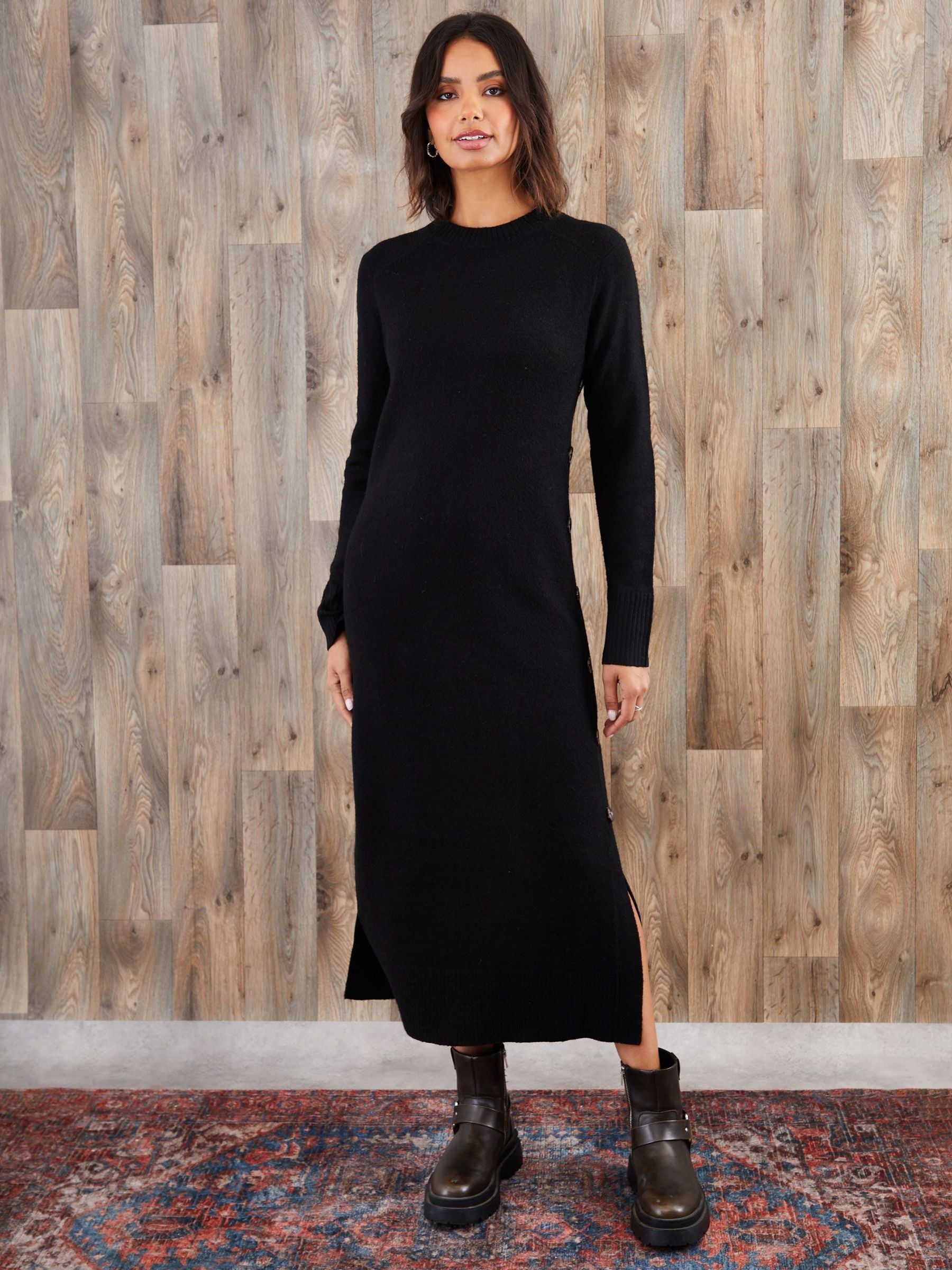 Buy Threadbare Black Knitted Side Button Detail Maxi Dress from