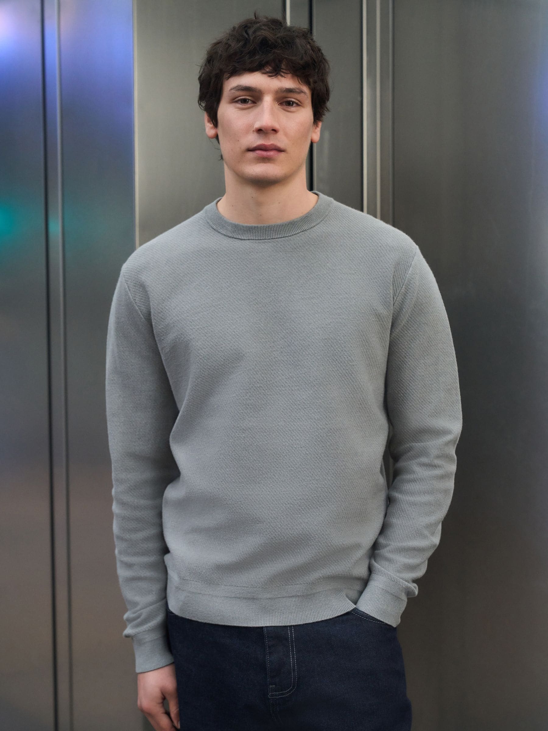 Buy Grey Regular Fit Ultrasoft Smart Textured Crew Jumper from the