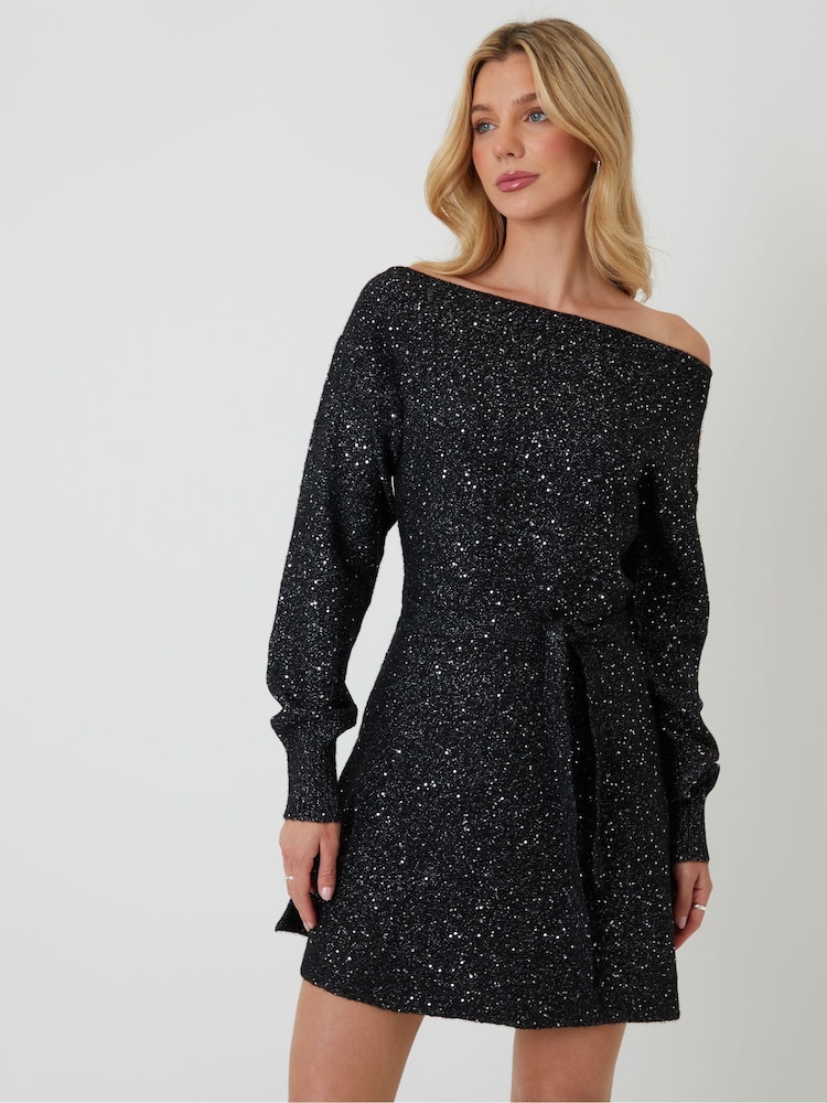 Womens Threadbare Black Knitted Sequin Slash Neck Mini Dress US 12