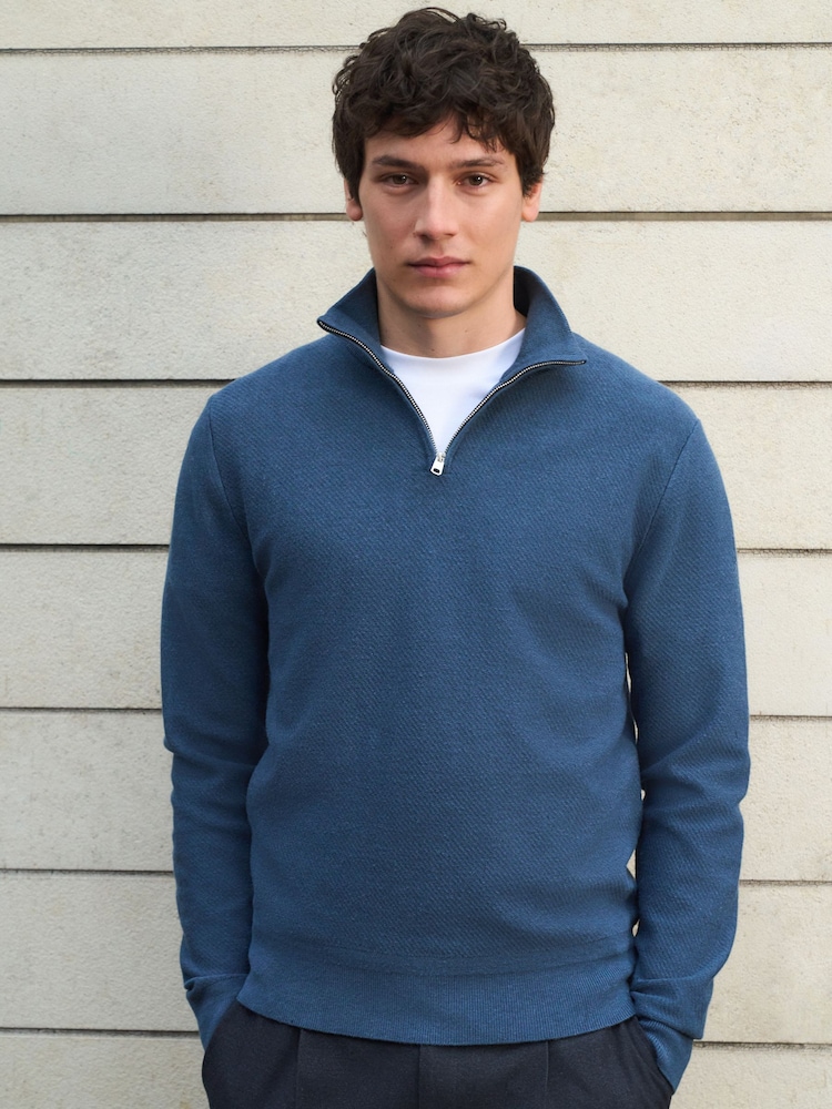 Blue Regular Fit Ultrasoft Smart Textured Quarter Zip Neck Jumper - Image 1 of 7