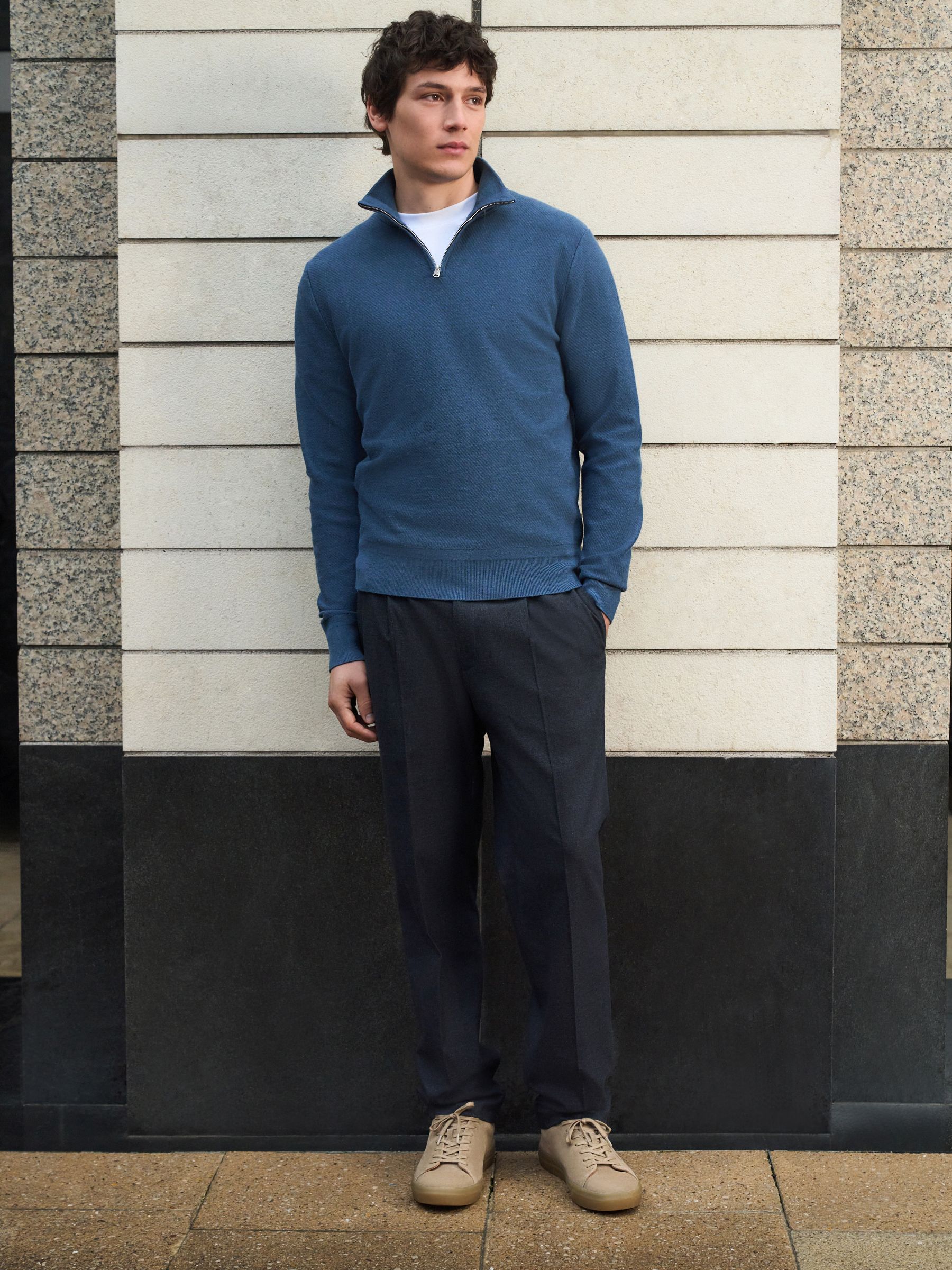 Buy Blue Regular Fit Ultrasoft Smart Textured Quarter Zip Neck