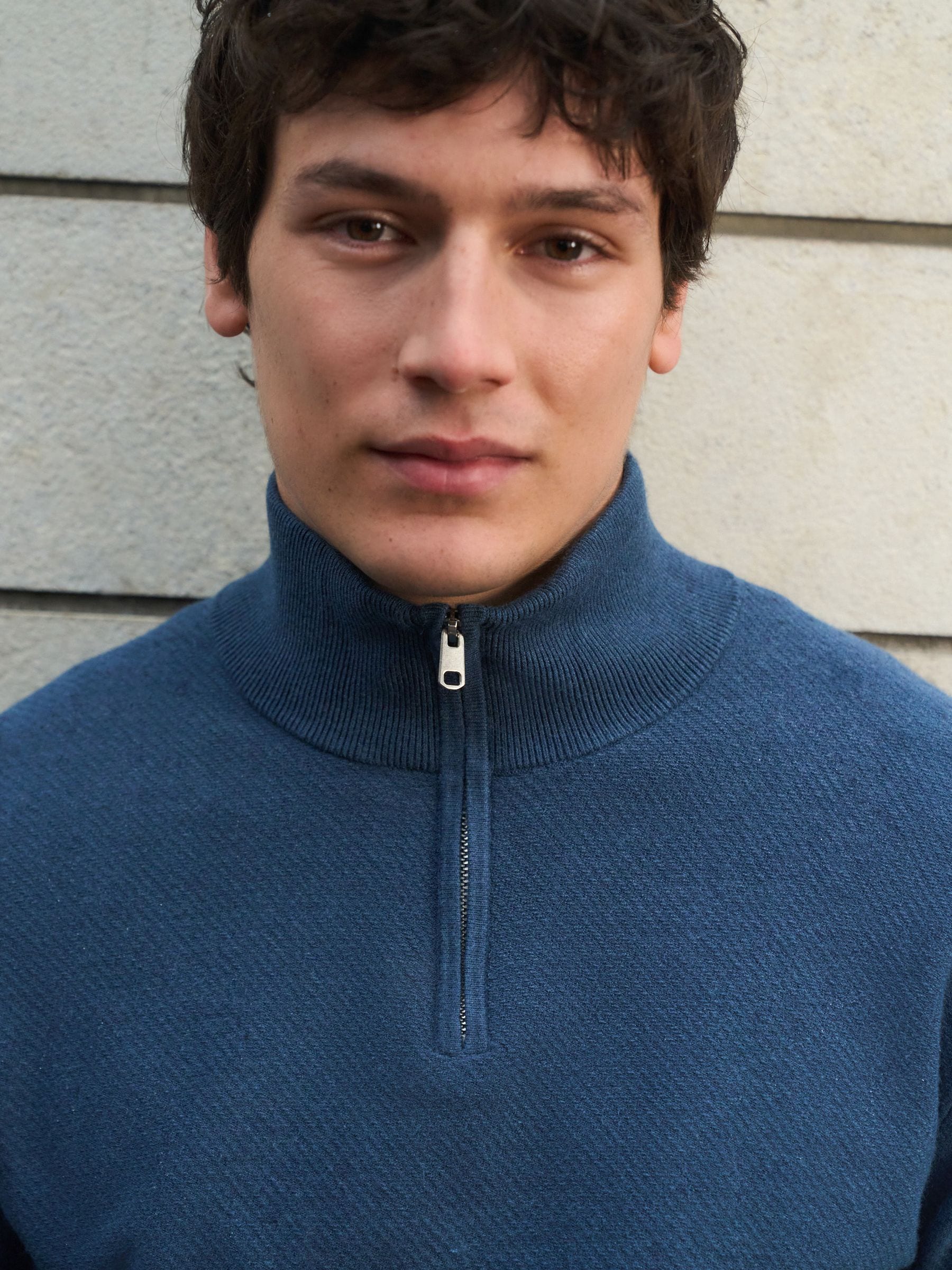 Buy Blue Regular Fit Ultrasoft Smart Textured Quarter Zip Neck
