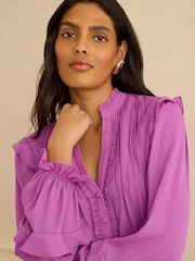 Love & Roses Violet Pintuck Ruffle Detail Notch Neck Long Sleeve Blouse - Image 2 of 4