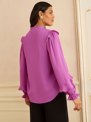 Love & Roses Violet Pintuck Ruffle Detail Notch Neck Long Sleeve Blouse - Image 4 of 4