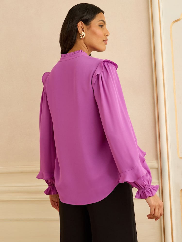 Love & Roses Violet Pintuck Ruffle Detail Notch Neck Long Sleeve Blouse - Image 4 of 4
