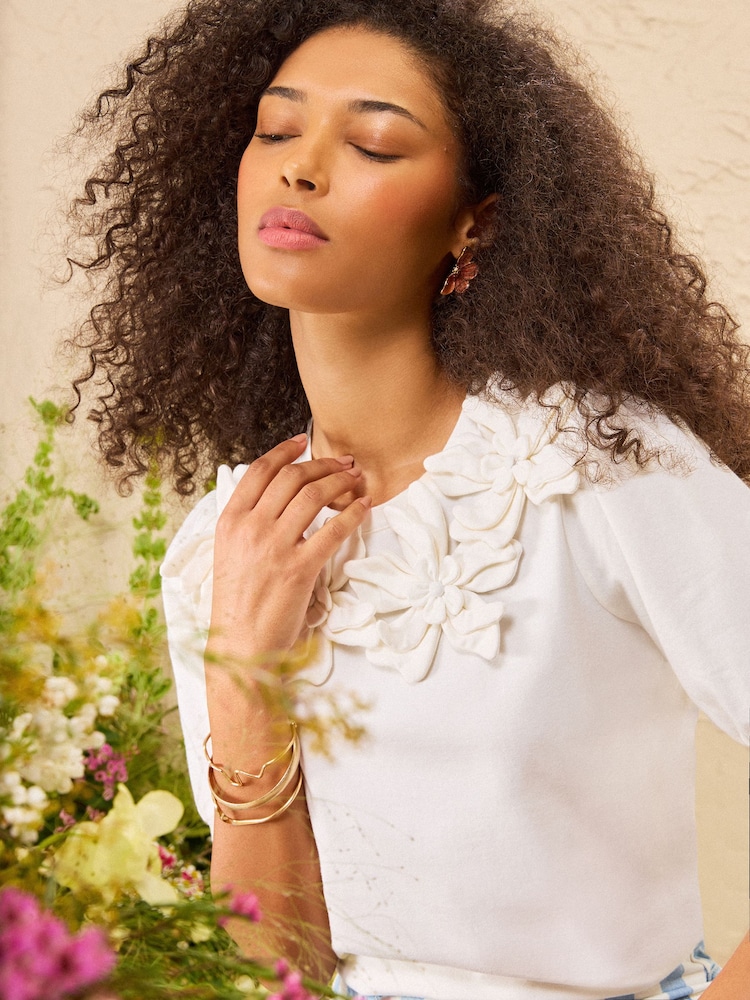 Love & Roses x RHS Ivory 3D Flower Crew Neck T-Shirt - Image 2 of 5