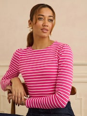 Love & Roses Pink and Ivory Stripe Puff Shoulder Long Sleeve Jersey Top - Image 1 of 4
