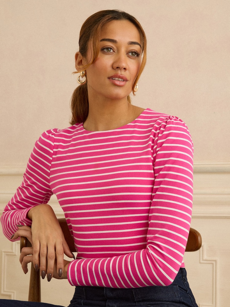Love & Roses Pink and Ivory Stripe Puff Shoulder Long Sleeve Jersey Top - Image 1 of 4