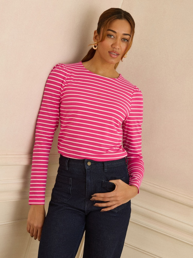 Love & Roses Pink and Ivory Stripe Puff Shoulder Long Sleeve Jersey Top - Image 2 of 4