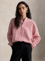 Polo Ralph Lauren Red Striped Linen Tunic Embroidered Typed Logo Shirt - Image 1 of 4