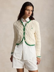 Polo Ralph Lauren Cream Cotton Cable Knit Curved Hem Cardigan Blanket Stitch Detail - Image 1 of 5