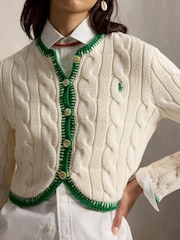 Polo Ralph Lauren Cream Cotton Cable Knit Curved Hem Cardigan Blanket Stitch Detail - Image 4 of 5