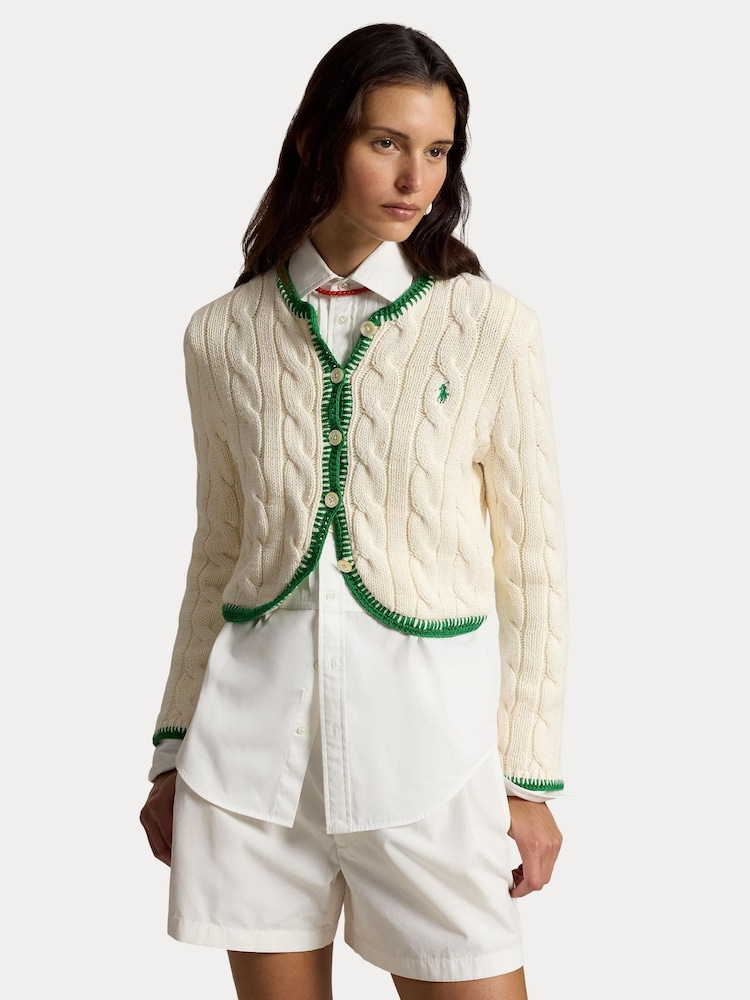 Polo Ralph Lauren Cream Cotton Cable Knit Curved Hem Cardigan Blanket Stitch Detail - Image 5 of 5 Polo Ralph Lauren Cream Cotton Cable Knit Curved Hem Cardigan Blanket Stitch Detail - Image 5 of 5