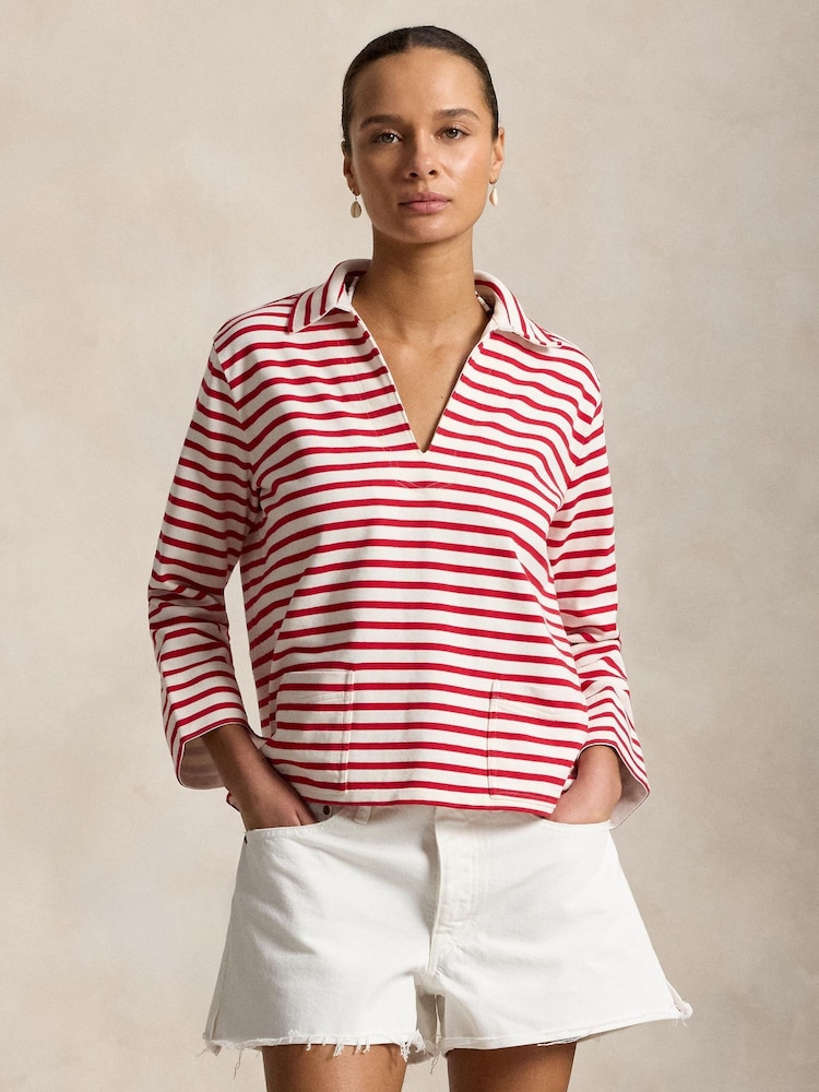 Polo Ralph Lauren Red Heavy Cotton Jersey Striped Tunic Top Polo Written Logo - Image 1 of 5