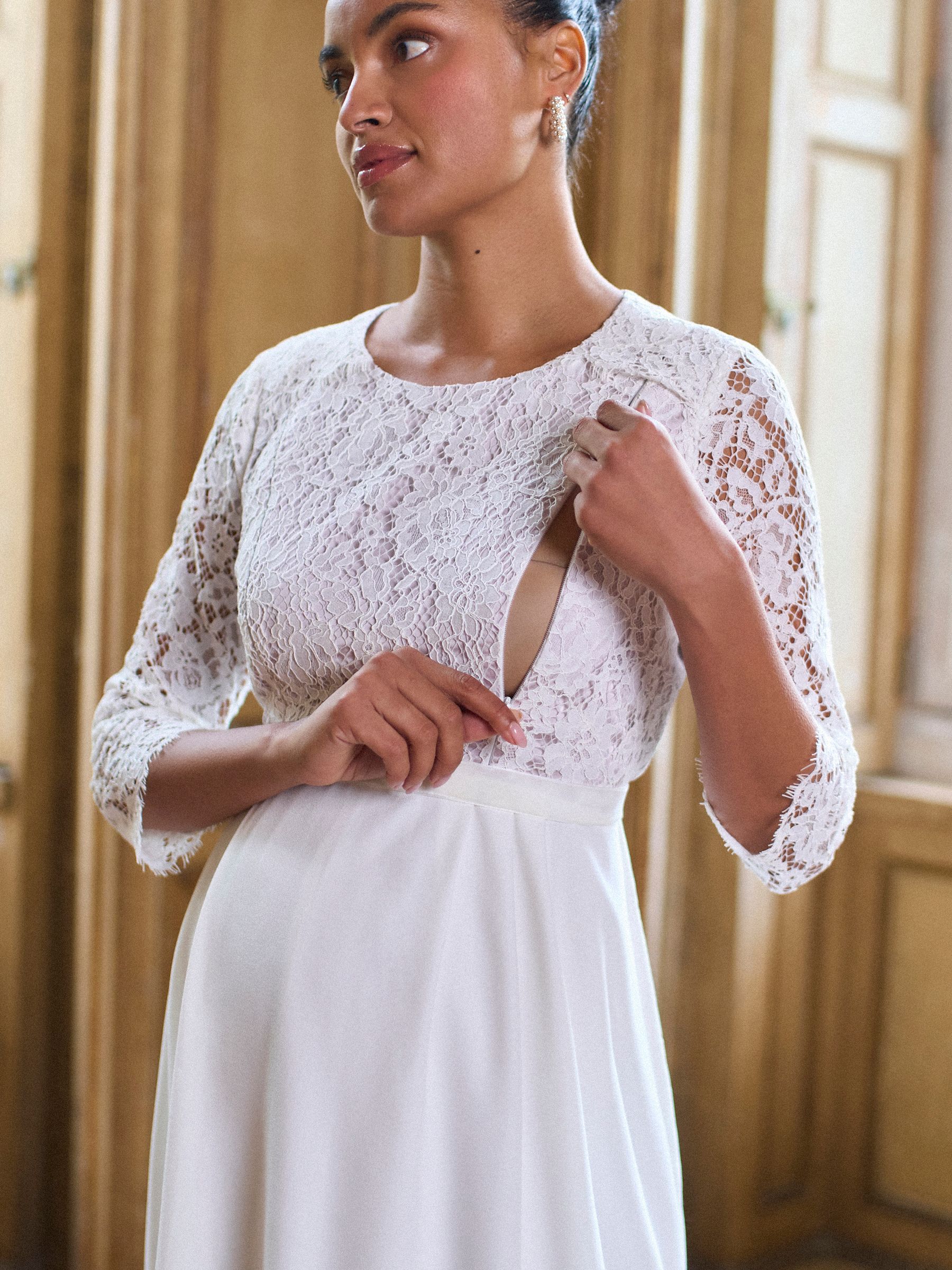 white lace nursing dress Angel Maternity Roxy Lace Baby Shower Dress