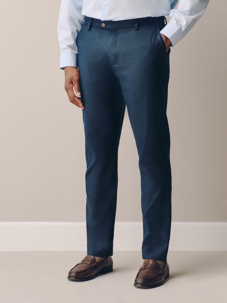 Navy Muscle Fit Motionflex Linen TENCEL™ Lyocell Blend Smart Trousers - Image 1 of 5 Navy Muscle Fit Motionflex Linen TENCEL™ Lyocell Blend Smart Trousers - Image 1 of 5