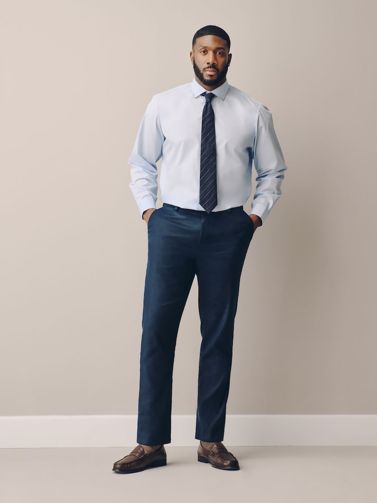 Navy Muscle Fit Motionflex Linen TENCEL™ Lyocell Blend Smart Trousers - Image 2 of 5 Navy Muscle Fit Motionflex Linen TENCEL™ Lyocell Blend Smart Trousers - Image 2 of 5