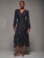 Jolie Moi Black Long Sleeve Frill Detail Mesh Maxi Dress - Image 1 of 6